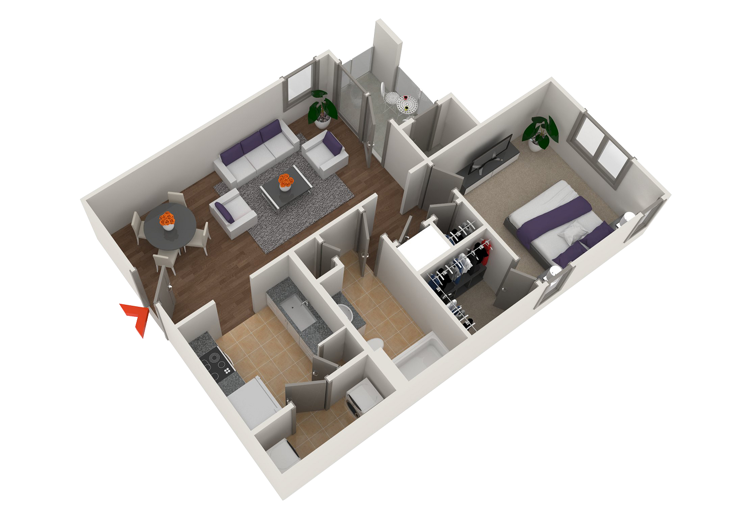 Floor plan for 1 bed, 1 bath, 735 sqft